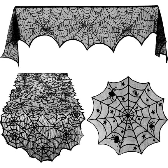 1 PACK / 3 PACK Set Halloween Lace Spiderweb Tablecloth Fireplace Mantle Table Runner Round Spider Web Table Cover Topper for Halloween Home Party Decor (Style Set 1, Size Set 1)