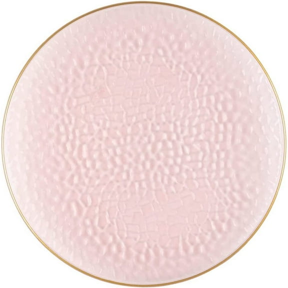 (1 PACK) EcoQuality 13" inch Round Charger Hammered Translucent Pink Plastic Plates with Gold Rim - China Like Party Plates, Heavy Duty Large Disposable Dinner Salad Plate Weddings, Serveware