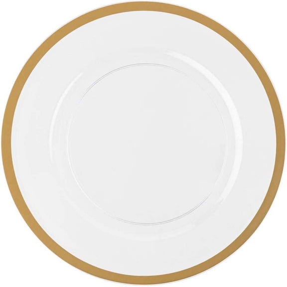 (1 PACK) EcoQuality 13" inch Round Clear Plastic Charger Plates with Gold Rim - China Like Party Plates, Heavy Duty Large Disposable Dinner Plates, Reusable Salad Plate, Wedding, Catering, Events