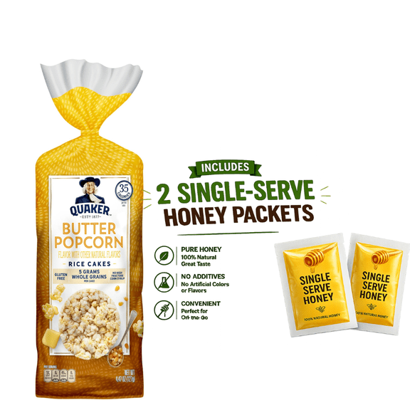 (1 PACK ) Quaker Rice Cakes Butter Popcorn 4.47 Oz, With two single serving Honey
