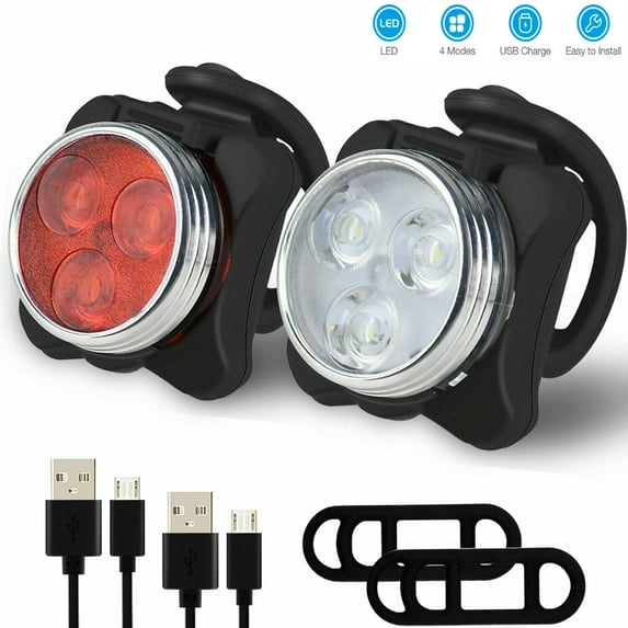 1 PACK USB Rechargeable LED Bike Light, 2 Super Bright Front Bicycle Headlight 2 Back Rear Taillight IPX4 Water Resistant 4 Light Mode Options; 6 straps 4 USB Cables| Get Ultimate Safety & Style