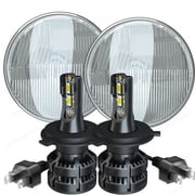 1 PAIR 7" ROUND H6024/H6017 H4 CONVERSION HEADLIGHT + H4 LED WHITE BULBS 6000K