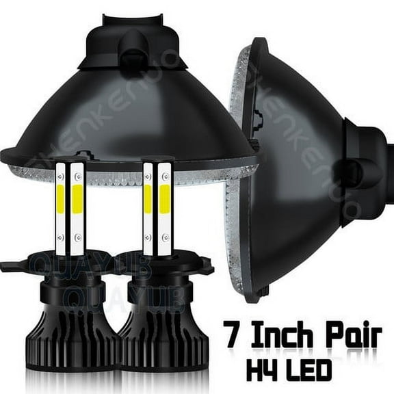 1 PAIR 7" ROUND H6024/H6017 H4 CONVERSION HEADLIGHT + H4 LED WHITE BULBS 6000K