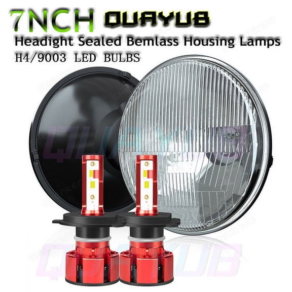 1 PAIR 7" ROUND H6024/H6017 H4 CONVERSION HEADLIGHT + H4 LED WHITE BULBS 6000K