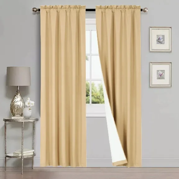 Gorgeous Home Linen 1 Set 2pc Lined Window Curtain Treatment Matte Rod Pocket Top 35" Width x 84" Lenght Each Panel Plain Solid Color Gold