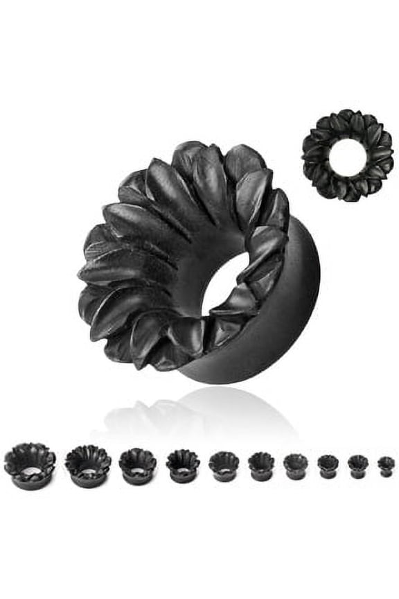 1 PAIR of Organic Black Wood Hand Carved Lotus Flower Ear Plugs Gauges - size=00g