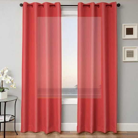 Gorgeous Home Linen Solid Red Semi-Sheer Faux Silk Grommet Curtains, 55" x 84"