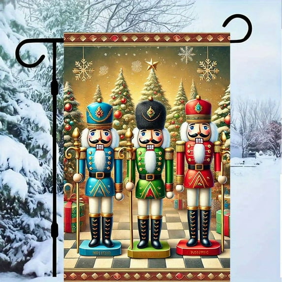 1 PC, 2D Flat Christmas Nutcracker scene Garden flag 18x12 inches (45x30cm), fashionable 2D pattern, autumn Thanksgiving, Halloween, Christmas garden flag, home, outdoor, courtyard, lawn, garden holi