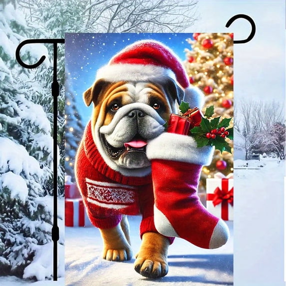 1 PC, 2D Flat Christmas costume Bulldog Fun Garden flag 18x12 inches (45x30cm), fashionable 2D pattern, autumn Thanksgiving, Halloween, Christmas garden flag, home, outdoor, courtyard, lawn, garden h