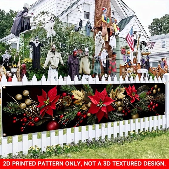 1 PC, 2D Flat/ Flat art decorative banner decoration, Christmas flower design pattern, 78.8x17.7 inches (200x45cm), universal daily wall decoration, elegant daily front door decoration, party banner,