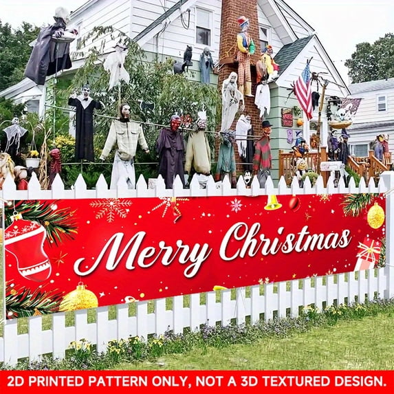 1 PC, 2D Flat/ Flat art decorative banner decoration, Merry Christmas red design pattern, 78.8x17.7 inches (200x45cm), universal daily wall decoration, elegant daily front door decoration, party bann