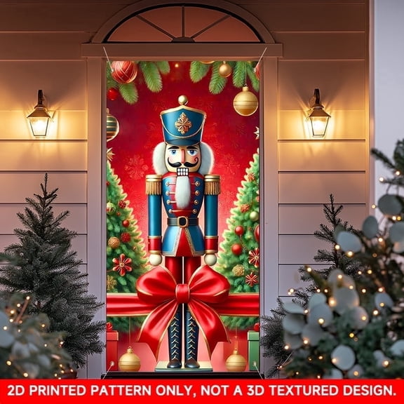 Christmas Nutcracker Door Cover 35.4x70.9 Inches, 2D Flat Printed Decorative Door Banner for Indoor Outdoor Entryway Holiday Decor