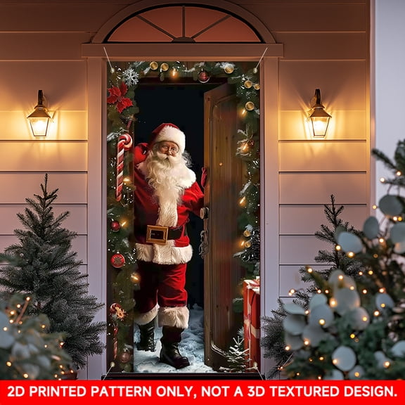 1 PC, 2D Flat/ Flat art decorative door cover decoration, Santa Claus standing at the door design pattern, 70.87x35.43 inches (180x90cm), universal daily wall decoration, elegant daily front door dec