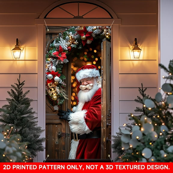 1 PC, 2D Flat/ Flat art decorative door cover decoration, Santa Claus standing at the door design pattern, 70.87x35.43 inches (180x90cm), universal daily wall decoration, elegant daily front door dec