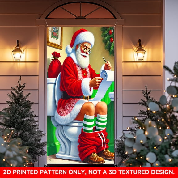 1 PC, 2D Flat/ Flat art decorative door cover decoration, Santa Claus using the toilet design pattern, 70.87x35.43 inches (180x90cm), universal daily wall decoration, elegant daily front door decorat