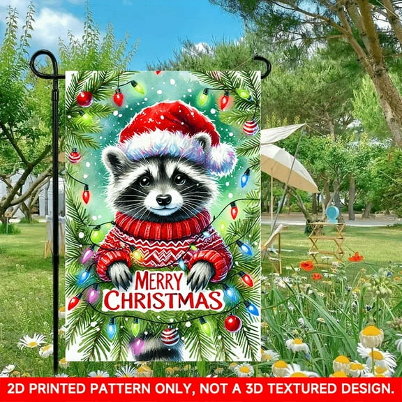 1 PC, 2D Flat/ Garden flag, Christmas raccoon green leaf design pattern, 11.8x17.7 inches (30x45cm), fashionable 2D pattern, autumn Thanksgiving and Halloween garden flag, home outdoor courtyard lawn