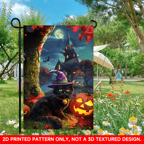 Black Cat Garden Flag 12 x 18 inch, 2D Flat Printed Night Scene and Pumpkin Design, Double-Sided Polyester Outdoor Yard Flag