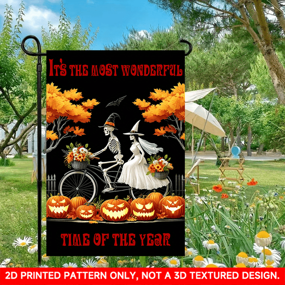 1 PC, 2D Flat/ Garden flag, Halloween skeleton couple wedding bicycle design pattern, 11.8x17.7 inches (30x45cm), fashionable 2D pattern, autumn Thanksgiving Halloween garden flag, home outdoor court