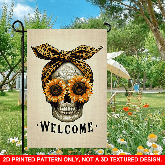 1 PC, 2D Flat/ Garden flag, Halloween skull hair band welcome design pattern, 11.8x17.7 inches (30x45cm), fashionable 2D pattern, autumn Thanksgiving Halloween garden flag, home outdoor courtyard law