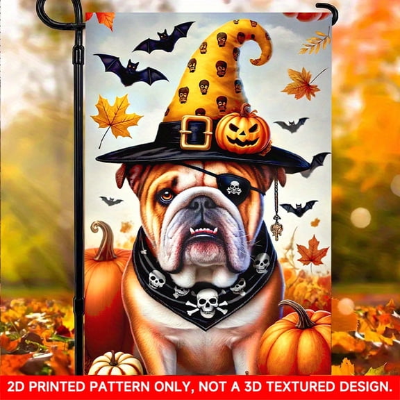 Halloween Bulldog Garden Flag 12 x 18 Inch, Double-Sided 2D Flat Witch Dog Pumpkin Yard Flag for Outdoor Lawn Porch Décor