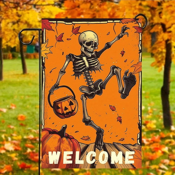 1 PC, 2D Flat/ Garden flag, skull dancing design pattern, 11.8x17.7 inches (30x45cm), fashionable 2D pattern, autumn Thanksgiving and Halloween garden flag, home outdoor courtyard lawn garden holiday