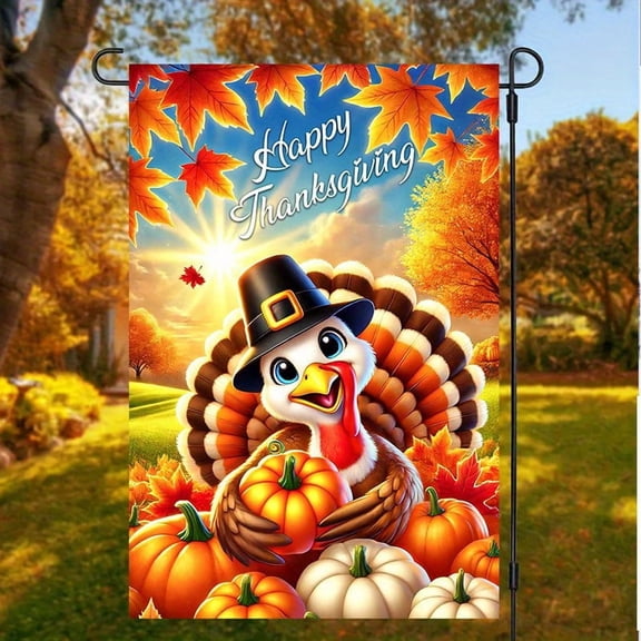 1 PC, 2D Flat Holding pumpkin, cute Turkey, Thanksgiving Garden flag, 18x12 inches (45x30cm), fashionable 2D pattern, autumn Thanksgiving, Halloween, Christmas garden flag, home, outdoor, courtyard,