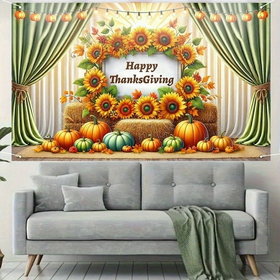 1 PC, 2D Flat Thanksgiving Sunflower Pumpkin Decorative banner 70.87x43.31 inches (180x110cm), universal daily wall decoration, elegant daily front door decoration, party banner, decorative flag, hom