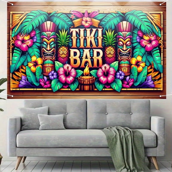 1 PC, 2D Flat tropical style Tiky bar decorative banner 70.87x43.31 inches (180x110cm), universal daily wall decoration, elegant daily front door decoration, party banner, decorative flag, home kitch