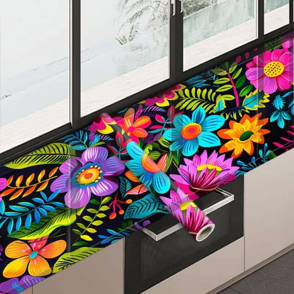 1 PC, 2D Flat/wallpaper wall stickers, colorful artistic floral and plant patterns, 39.37x15.75 inches (100x40cm), self-adhesive wallpaper, detachable and cuttable PVC stickers, suitable for wall/sta