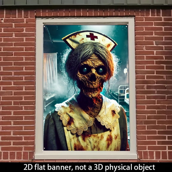 1 PC, 2D Flat/ window banner, Zombie nurse design pattern, 31.5 x 47.2 inches (80x120cm), fashionable 2D pattern, autumn gratitude for the dead Halloween window banner, home kitchen window outdoor co