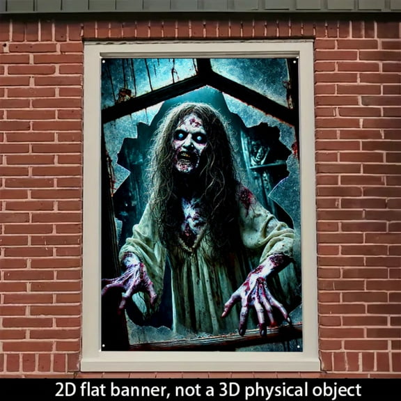 1 PC, 2D Flat/ window banner, horror female zombie design pattern, 31.5x 47.2 inches (80x120cm), fashionable 2D pattern, autumn gratitude for the dead Halloween window banner, home kitchen window out