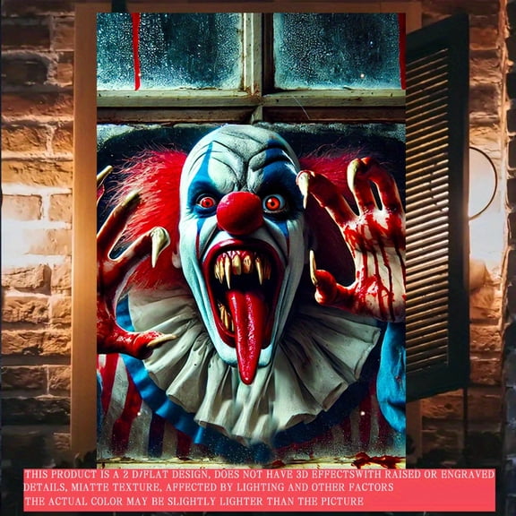 1 PC, 2D Flat/ window banner, scary clown design pattern, 31.5x 47.2 inches (80x120cm), fashionable 2D pattern, autumn gratitude for the dead Halloween window banner, home kitchen window outdoor cour