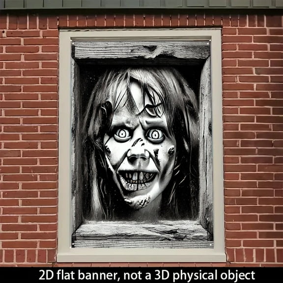 1 PC, 2D Flat/ window banner, terrifying human head design pattern, 31.5x 47.2 inches (80x120cm), fashionable 2D pattern, autumn gratitude for the dead Halloween window banner, home kitchen window ou