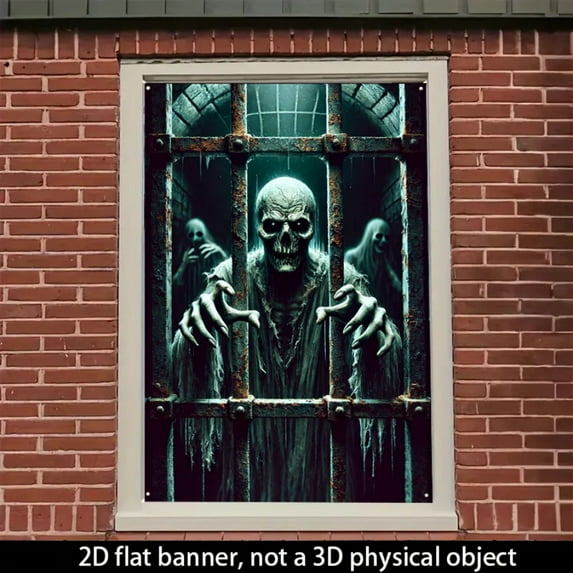 1 PC, 2D Flat/ window banner, zombie design pattern in a cage, 31.5x 47.2 inches (80x120cm), fashionable 2D pattern, autumn gratitude for the dead Halloween window banner, home kitchen window outdoor