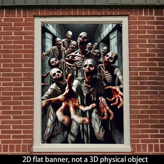 1 PC, 2D Flat/ window banner, zombie swarm breaking out design pattern, 31.5x 47.2 inches (80x120cm), fashionable 2D pattern, autumn gratitude for the dead Halloween window banner, home kitchen windo