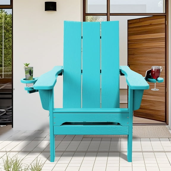 JUSTLET Outdoor Patio Chair with 2 Cup Holder, HDPE Folding Adirondack Chair, Aruba Blue