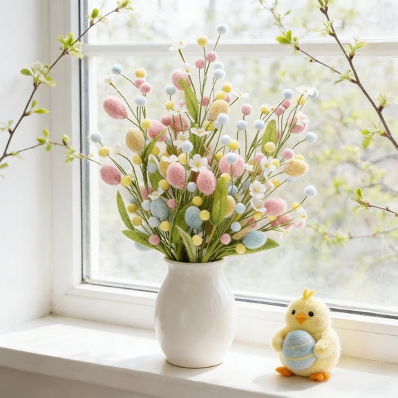 1 PC Artificial Easter Stem Spring Berry Pick with Easter Eggs Colorful Berries Leaves Twig Branch Easter Sprays for Easter Arrangement Centerpiece Easter Celebration Home Vase Decor