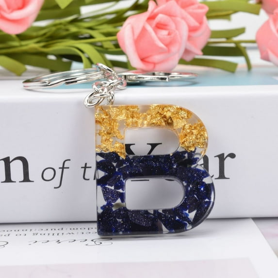 1 PC Black Gold Foil A-Z Alphabet Plastic Keychain Personalized Pendant Initial Letter Key Ring Accessories Bag Charm (B)