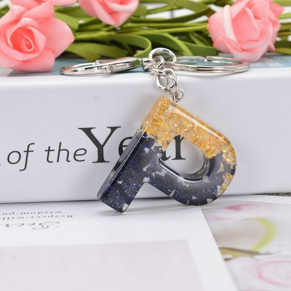 1 PC Black Gold Foil A-Z Alphabet Plastic Keychain Personalized Pendant Initial Letter Key Ring Accessories Bag Charm (P)