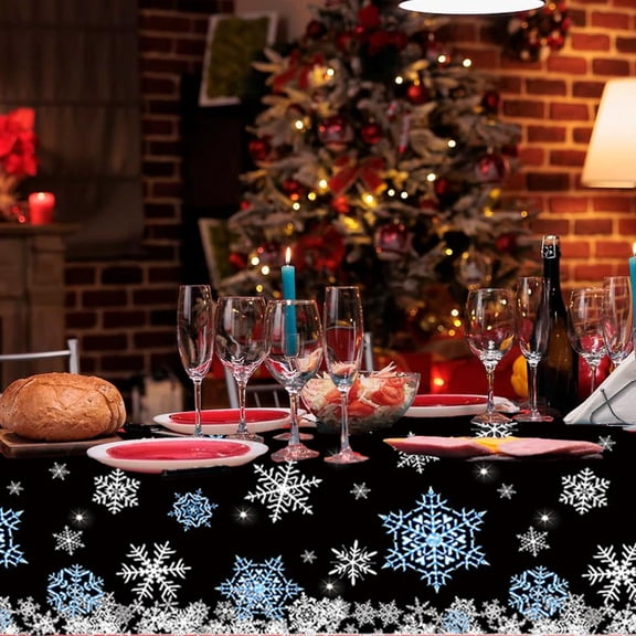 1 PC Black Tablecloth Christmas Snowflake Party Supplies, 7.2x4.2ft Disposable Thick Paper Table Cover Linen-Like Heavy-Duty Tableware for Winter Birthday & Christmas Parties