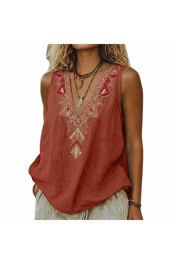 1 PC Camisole Tops for Women Linen Embroidered Sleeveless V-Neck Loose Tank Top Sleeveless Tops for Women