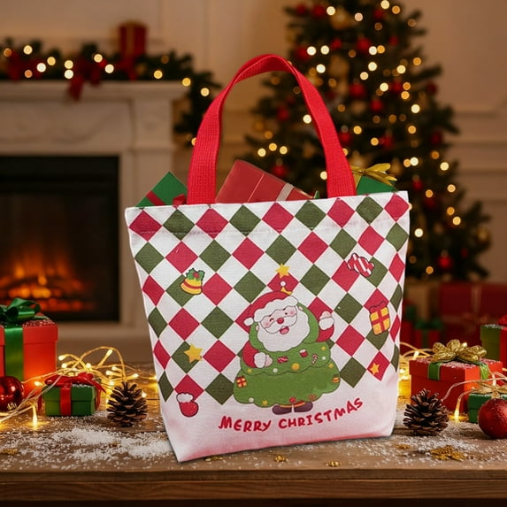 1 PC Christmas Gift Bag Reusable Canvas Tote Bag, Festive Santa Claus Pattern with Snap Closure, Holiday Shoulder Bag for Gift Giving, Shopping, Daily Use