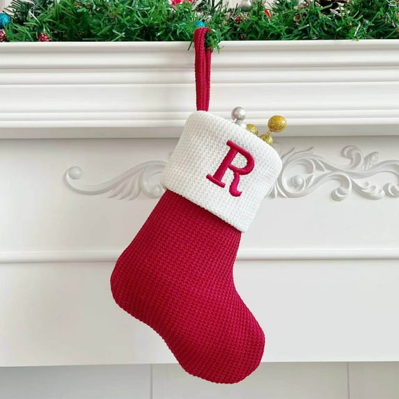 1 PC Christmas Stockings with Initials, Letter R Embroidered Xmas Stockings, Large Monogram Knitted Xmas Stocking, Christmas Party Fireplace Family Hanging Stocking Decorations Gift Bag