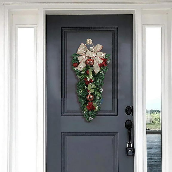 1 PC Christmas Teardrop Swag, 19.69 inch Christmas Swag Outdoor with Bowknot, and Glitter Balls, Christmas Stairs Decoration, Winter Teardrop Wreath for Front Door Wall Window Home Xmas Decor