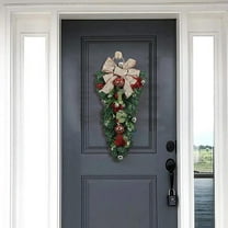 1 PC Christmas Teardrop Swag, 19.69 inch Christmas Swag Outdoor with Bowknot, and Glitter Balls, Christmas Stairs Decoration, Winter Teardrop Wreath for Front Door Wall Window Home Xmas Decor