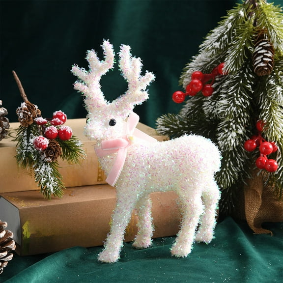 1 PC Christmas White Elk Ornament Standing Deer Figurine with Bow Sequined Glitter Reindeer Ornament for Table Top, Shelf, Office Desk, Winter Decor