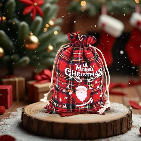 1 PC Cotton Medium Christmas Drawstring Candy Treat Bag Buffalo Plaid Christmas Fabric Goody Gift Pouch Reusable Gift Wrapping Bag Holiday Party Favors