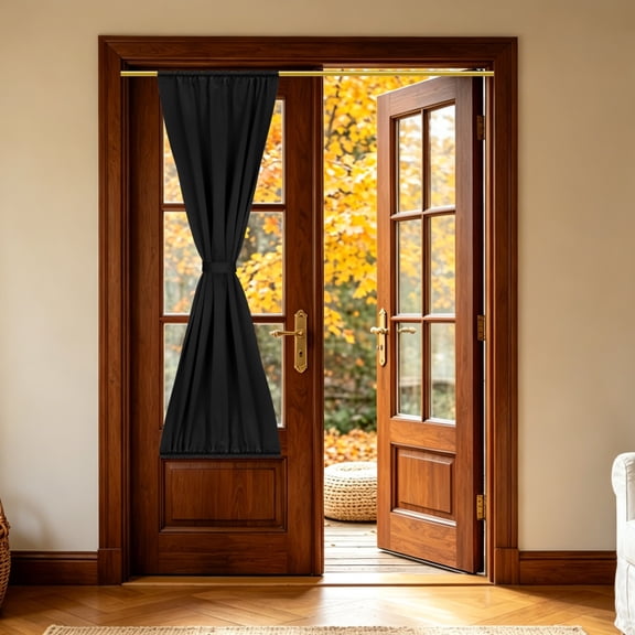 1 PC French Door Curtain, 20" x 72" Blackout Thermal Insulated Energy Saving Drape Polyester Rod Pocket Curtains & Drapes for Kitchen Front Door Window Treatments, Black