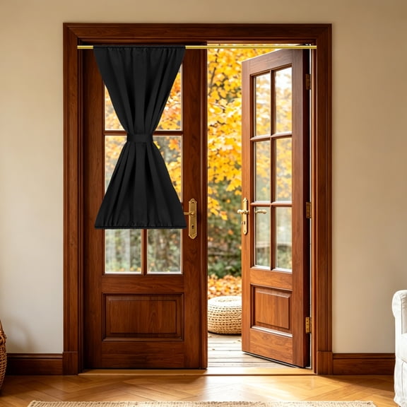 1 PC French Door Curtain, 30" x 50" Blackout Thermal Insulated Energy Saving Drape Polyester Rod Pocket Curtains & Drapes for Kitchen Front Door Window Treatments, Black
