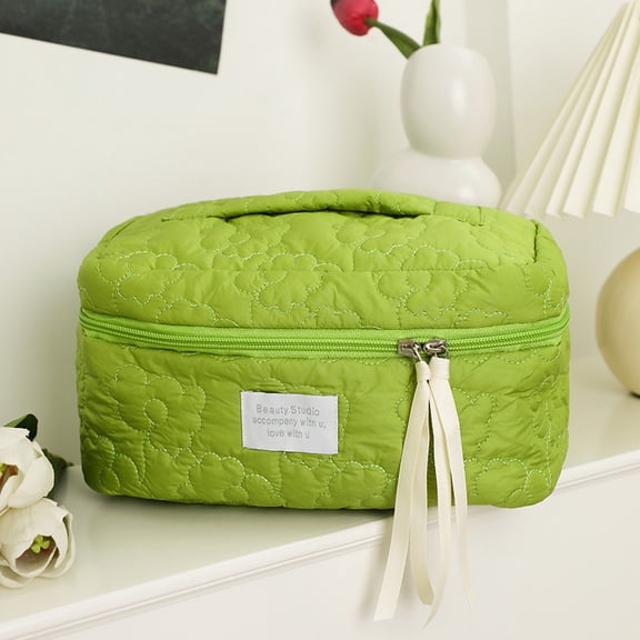 1 PC Green Floral Quilted Fish Cloud Makeup Bag Large Capacity Zipper Travel Vacation Essentials Cosmetic Organizer Perfect Valentine's Day Gift
